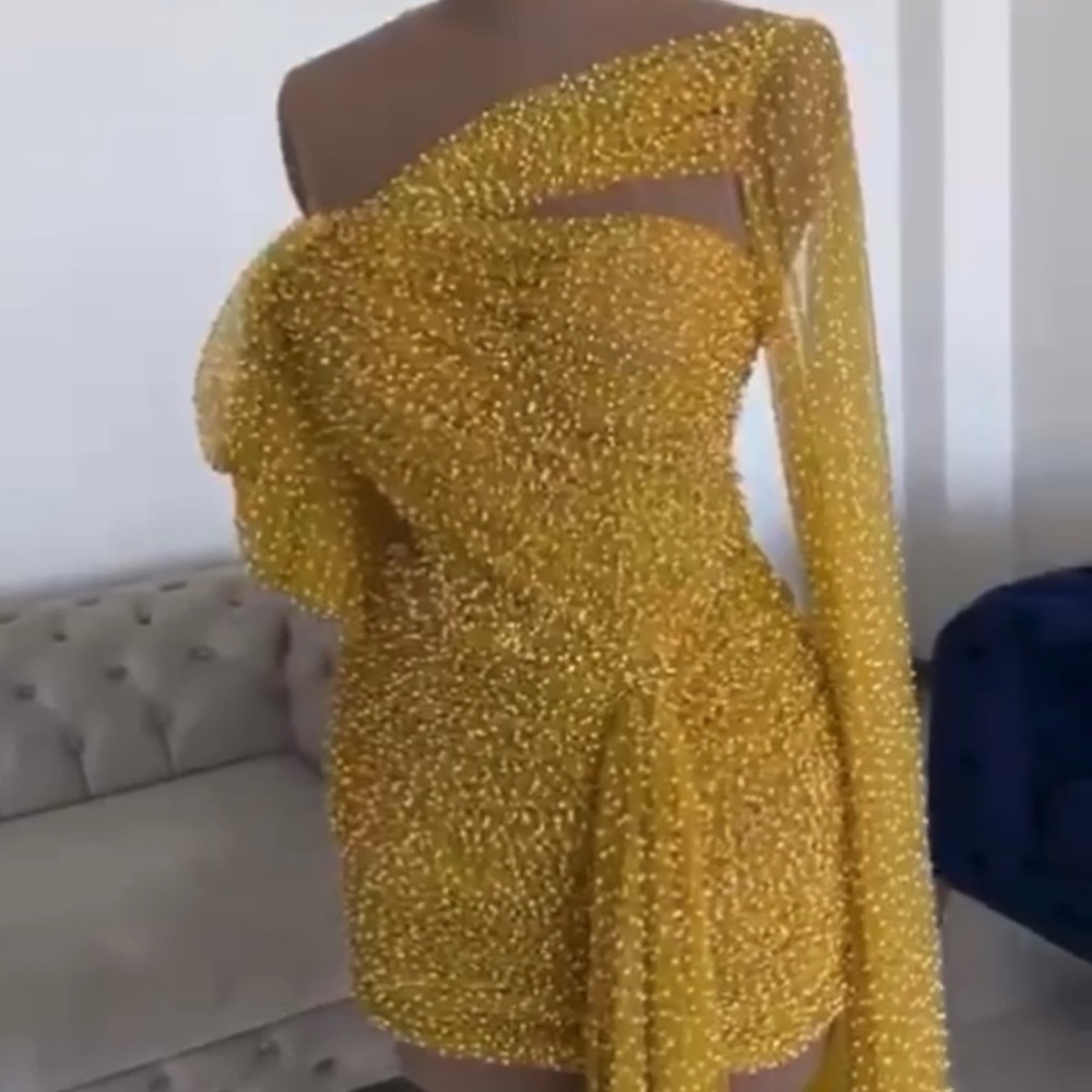 Minna Fashion size small one sleeve custom yellow dress with white foam balls